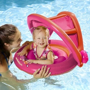 Float Boat Ring With Canopy Sun Shade Kids Baby Toddler Swim Seat Pink 18m - Picture 1 of 11