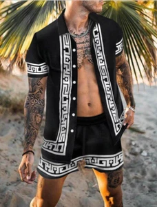 Button Down Shirts Men Black White Trim Short Sleeve Beach Suit Shorts SET 2 PCS - Picture 1 of 2