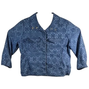 Womens Size 14 Aztec Denim Jacket Jean Snap Up Ruby Rd 3/4 Sleeve Blue - Picture 1 of 12