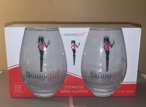 NUEVO Juego de 2 copas de vino sin tallo con logotipo y modelo de niña delgada, nuevas en paquete - Imagen 1 de 13