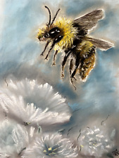 Bee Painting Floral Original Art  Pastels Painting Honeybee Painting Gift Art