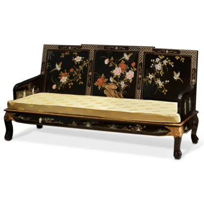 US Seller - Black Lacquer Mother of Pearl Chinese Sofa Couch - Image 1 of 3