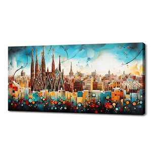 Barcelona Cityscape Colourful Abstract Painting Canvas Print, Handmade Fine Art - Picture 1 of 9