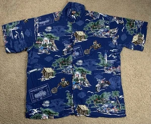 Harley Davidson Mens 3XL Hawaiian Blue Short Sleeve Shirt AOP Hula Girl Pinup - Picture 1 of 10