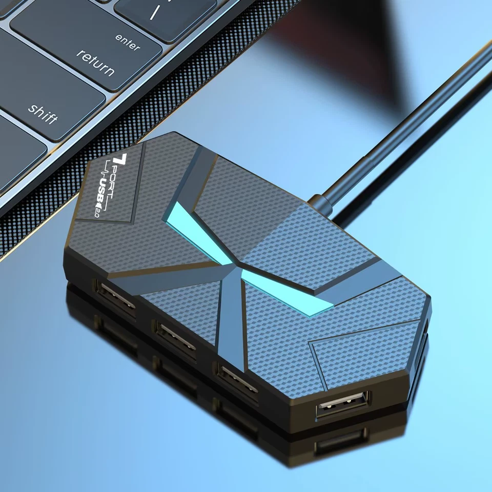 OcioDual 7 Port Hub USB 2.0 Données Répartiteur Individuels avec Interrupteur d'Alimentation LED - Noir (2244)