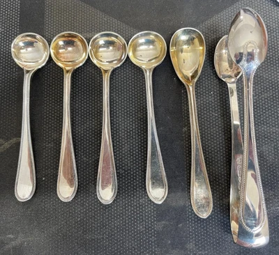 CUBERTERÍA PLATEADA CON CUENTAS FINAS MAPPIN & WEBB cucharas de sal, mostaza, pinzas de azúcar Foto 1 de 4