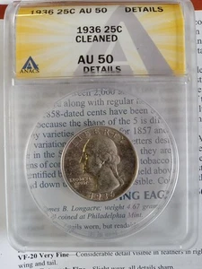 1936 Washington Silver Quarter AU50 ANACS Cleaned  - Picture 1 of 3
