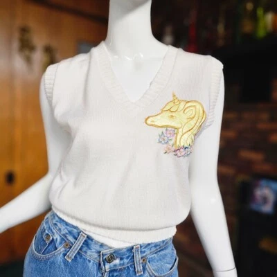 Vtg 80s Harajuku Pastel Unicorn Horse Knit Kawaii Fairy Kei Sweater Vest Top S/M - Image 1 of 4