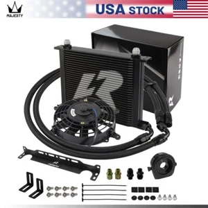 LR 30 Row AN10 Oil Cooler Kit+Filter Adapter Hose Kit +7" Electric Fan Kit Black - Picture 1 of 10
