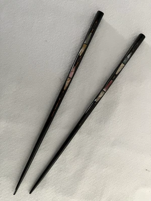 Vintage 9 Inch Chopsticks Lacquered Wood w/Mother of Pearl Inlay Japan MCM - Image 1 of 4