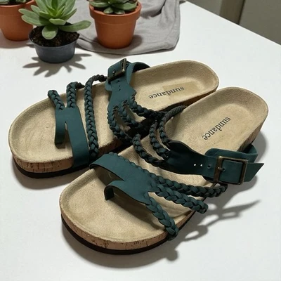 Sundance Helena Braided Suede Buckle Cork Sandals Womens 9 M Toe Loop Teal 39 EU - Image 1 of 4