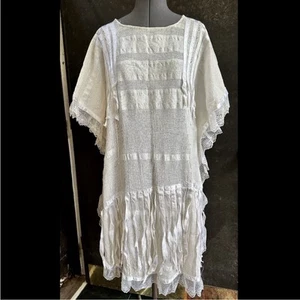 VINTAGE 1970s MEXICAN WOVEN HUIPIL TUNIC DRESS WHITE RIBBONS LACE FESTIVAL OS XL - Picture 1 of 6