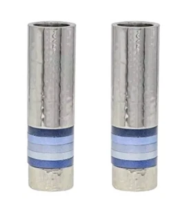 Yair Hammered Nickel Candlestick Holders with Blue Rings For Shabbat or Yom New - Picture 1 of 13