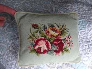CABBAGE ROSE FLORAL PETIT POINT CELADON PILLOW W/ VELVETEEN ZIPPED BACK-8X10 - Picture 1 of 4