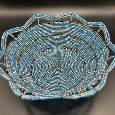 Kenya Tanzania Masai African Glass Seed Bead Bowl Handmade Wire Basket Bowl 7” Cover