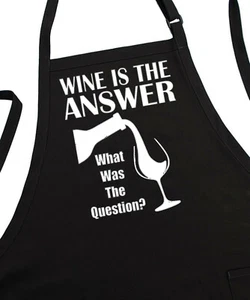 Wine Is The Answer Cooking Aprons For Men And Women, Funny Black Kitchen Apron - Picture 1 of 5