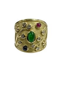 2/3 ctw Diamond Ruby Sapphire Emerald Cigar Band Ring 14k Yellow Gold Estate - Picture 1 of 6