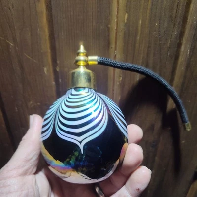 Vintage Iridescent Art Glass Pulled Feather Perfume Atomizer Bottle Brass Top - Image 1 of 4