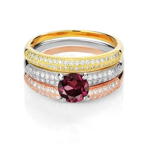 2.44 Ct Round Red Rhodolite Garnet 925 Sterling Silver Set of 3 Stacking Ring - Picture 1 of 4