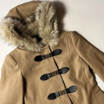 ASOS Hooded Duffle Coat Size 2 Tan Mid-length Snap & Buckle Lined Winter Jacket - Image 1 of 4