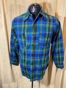 Mens Vintage 1960s Pendleton Shirt Blue Green Plaids Size 15 1/2 L/S Wool - Picture 1 of 6