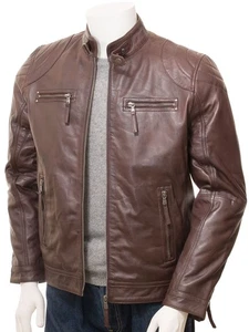 Men’s Brown Leather Biker Jacket Motorcycle Café Racer Distressed Retro Style - Picture 1 of 6