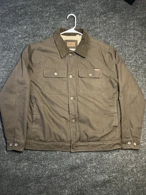 Woolrich Mens Duck Canvas Chore Jacket L Dark Brown Sherpa Lined Corduroy Collar - Image 1 of 4