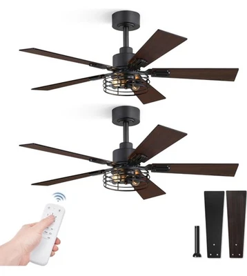 2 Pack Farmhouse 42 Ceiling Fans with Lights, Black Industrial Caged Ceiling Fan - Image 1 of 4