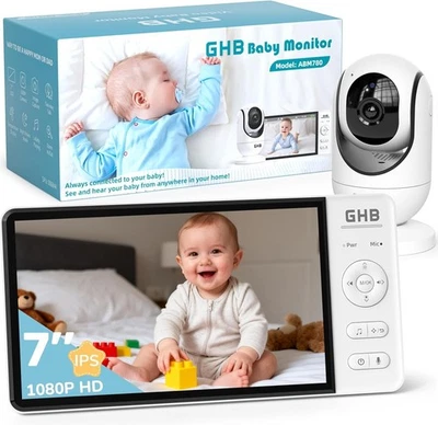 GHB Baby Monitor Video e Audio 7'', 350°/100° Rotante, 5000mAh IPS Schermo nuovo - Immagine 1 di 4
