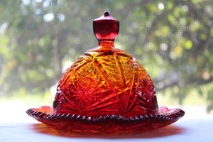 Viking Dalzell Glass Domed Hobstar Amberina Butter Cheese Dish Cadmium Glow  - Picture 1 of 24