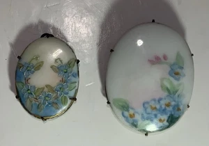 Vtg Set Porcelain Hand Painted Brooch & Pendent Blue Forget Me Nots Victorian - Picture 1 of 6