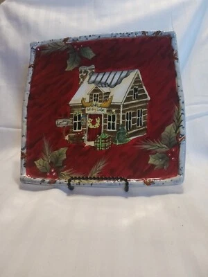 Susan Winget Holiday Lodge Invierno Navidad Cabaña Plato Cuadrado Abedul y Acebo Rojo Foto 1 de 4