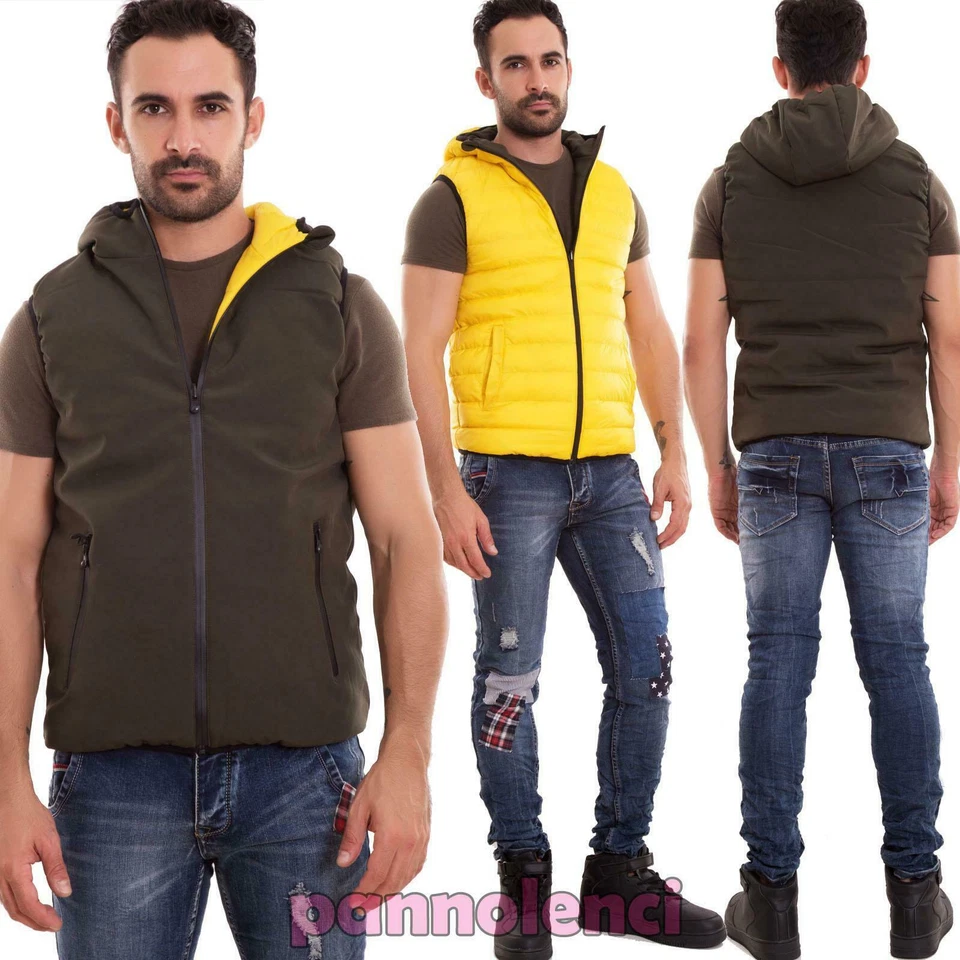 Piumino uomo smanicato bomber imbottito cappuccio double face gilet nuovo BX5173 - Immagine 1 di 1