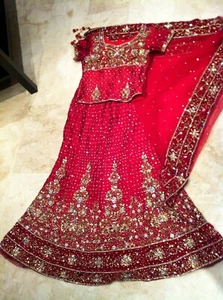 Bridal Wedding Lengha Choli Red & Gold With Velvet Pati & Stone Work Fit & Flare - Picture 1 of 12
