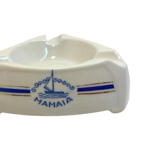 Souvenir Mamaia Romania Ashtray Ceramic Blue Gold Trim Triangular 16 x15 x 4.5cm - Picture 1 of 9