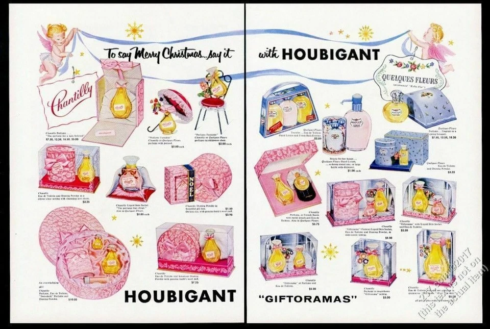1955 Houbigant Chantilly Quelques Fleurs perfume en polvo regalos de Navidad cheub arte anuncio Foto 1 de 1