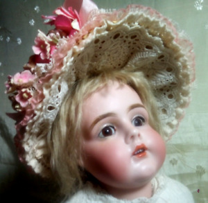 ANTIQUE STYLE  FRENCH/GERMAN BISQUE DOLL HAT 9-10" CIR. 16"- 17 T. ALL Hand Sewn