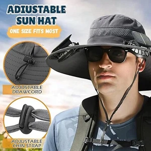 Unisex Outdoor Solar Powered Fan Wide Brim Hat with 2 Fans forFishing Hiking - Picture 1 of 6
