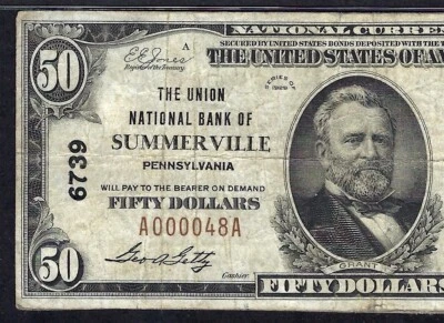 🇺🇸 PA 1929 $50   ♚♚SUMMERVILLE, PENNSYLVANIA♚♚ PMG VF 20 - Image 1 of 3