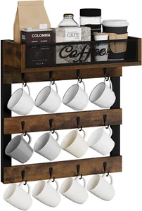 Coffee Mug Holder Wall Mounted 3-Tier Cup Rack 12 Hooks Rustic Wood Organizer - Picture 1 of 1