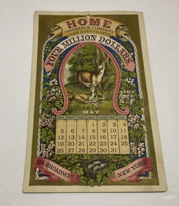 Antigua página de calendario de mayo con impresión litográfica de HOME INSURANCE CO. 1872 victoriana - Imagen 1 de 6