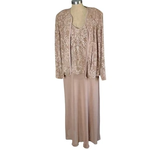 Vtg Patra Woman Dress+Jacket 16W Beige/Brown Gold Beaded Maxi Stretch Formal - Picture 1 of 16
