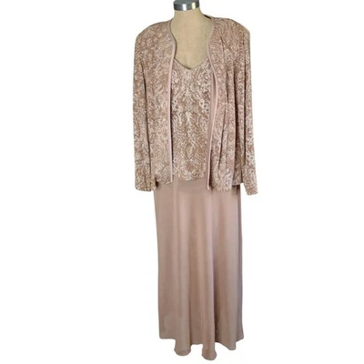 Vtg Patra Woman Dress+Jacket 16W Beige/Brown Gold Beaded Maxi Stretch Formal - Image 1 of 4