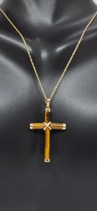 Tiger's Eye Cross Pendant/Necklace 14k 18" Yellow Gold ROPE Chain Cross LOVER - Picture 1 of 13