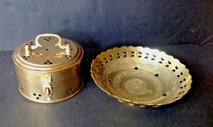 Pair Vintage Brass 4-1/2” Round Trinket Box and 7” Engraving Bowl Made in India - Picture 1 of 8