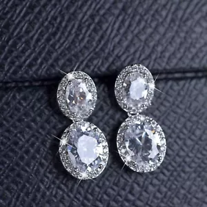 18k white gold made with Swarovski crystal stud silver oval drop dangle earrings - Picture 1 of 8