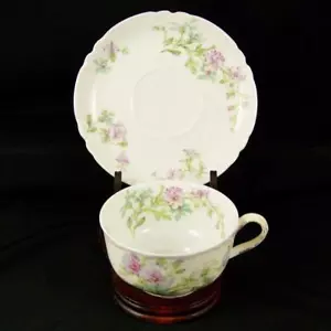 Taza y platillo Haviland Limoges Schleiger 46K azul rosa púrpura flor 1893-1931 - Imagen 1 de 6