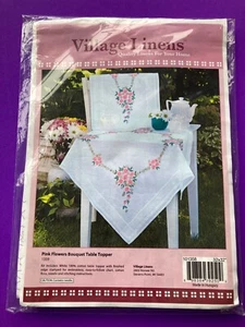Village Linens Pink Flowers Bouquet Table Topper Embroidery KIT 32x32 101358 NEW - Picture 1 of 3