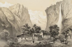C. HEYN (1834-1906), Lauterbrunnental am Staubbachfall, um 1855, Lith. Romantik - Bild 1 von 5