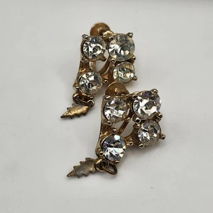 Vintage Strass Ohrringe klar Schraubverschluss Baumeln Blatt - Bild 1 von 9